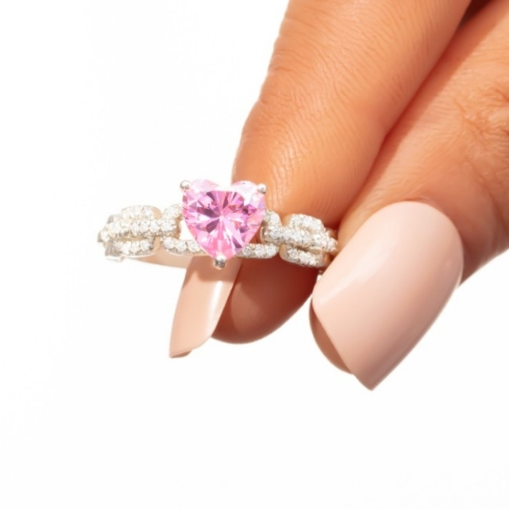 Pink Heart Sapphire, Cubic Zirconia Diamonds & Sterling Silver Bond Ring, size 6